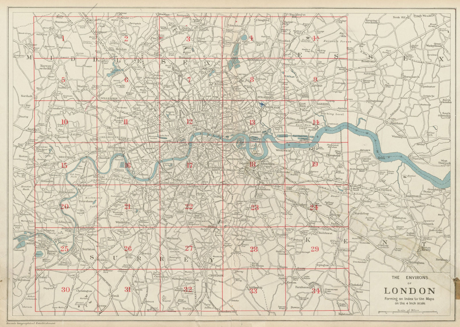 THE ENVIRONS OF LONDON. Index map. Main roads. BACON 1934 old vintage